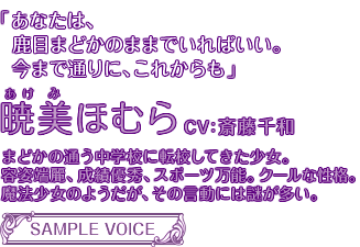 「あなたは、鹿目まどかのままでいればいい。今まで通りに、これからも」暁美ほむら CV:斎藤千和 成績優秀、容姿端麗、スポーツ万能な転校生。